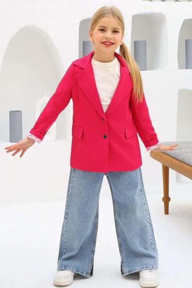 Kız Çocuk Bol Kesim Pantolon ve Blazer Ceket Pembe Alt Üst Takım - Resim 7