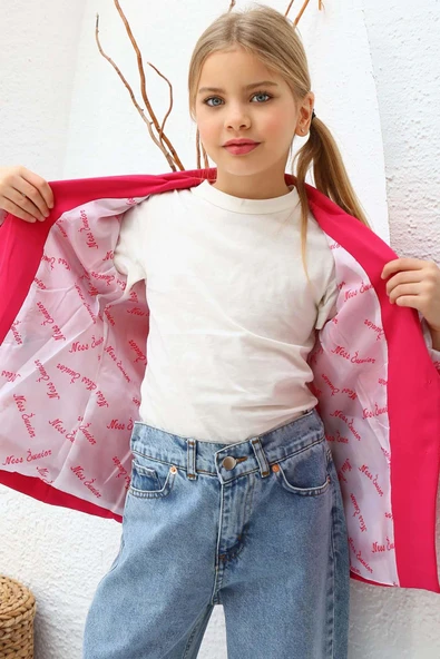 Kız Çocuk Bol Kesim Pantolon ve Blazer Ceket Pembe Alt Üst Takım - Resim 11