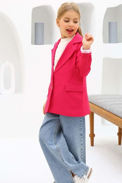 Kız Çocuk Bol Kesim Pantolon ve Blazer Ceket Pembe Alt Üst Takım - Resim 9