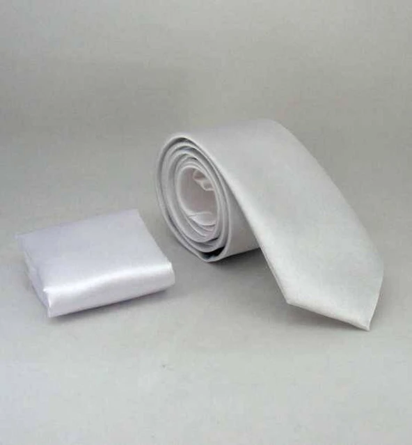 Beyaz Slim Fit (ince) Düz Renk Mendilli Saten Kravat - SS-12 ürün görseli