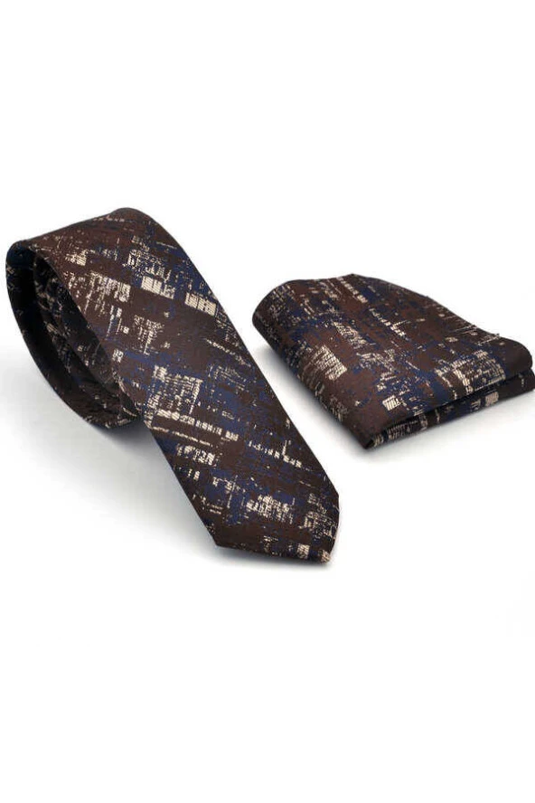 Bej Lacivert Motif Desenli Kahverengi Dokuma Kumaş Mendilli Slim Fit Kravat  / SDK-220710 - Resim 2