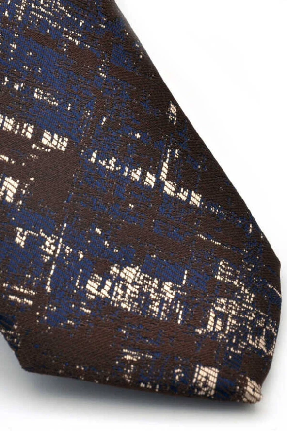 Bej Lacivert Motif Desenli Kahverengi Dokuma Kumaş Mendilli Slim Fit Kravat  / SDK-220710 - Resim 3
