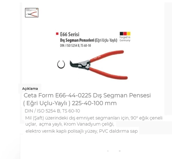 Ceta Form E66-44-0225 Dış Segman Pensesi Eğri Uçlu-Yaylı 225- - 1