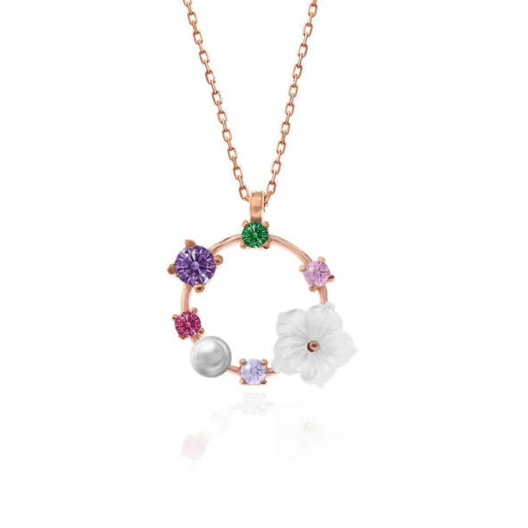 himarry 925 Ayar Gümüş Rose Renkli Taşlı Manolya Çiçeği Kadın Kolye - Resim 2