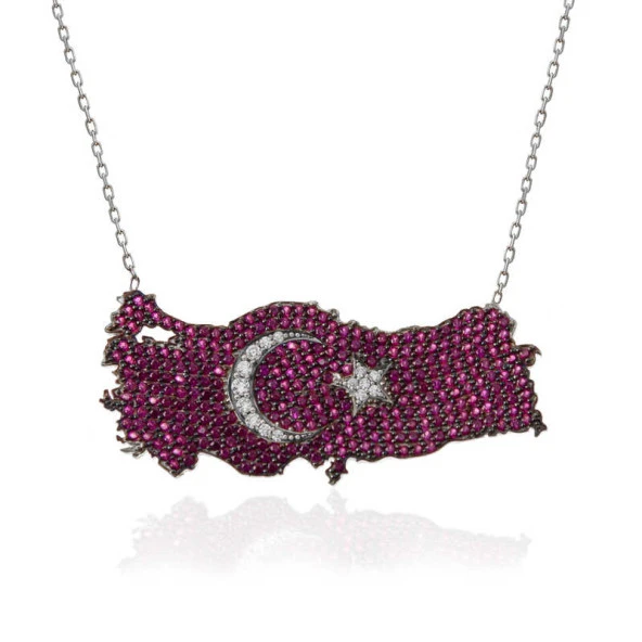 himarry 925 Ayar Gümüş Ay Yıldız Türkiye Haritası Kadın Kolye - Resim 2