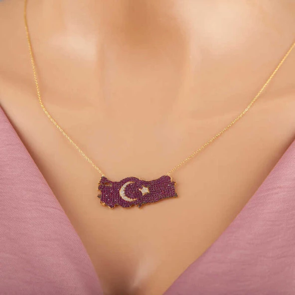 himarry 925 Ayar Gümüş Gold Ay Yıldız Türkiye Haritası Kadın Kolye ürün görseli 1