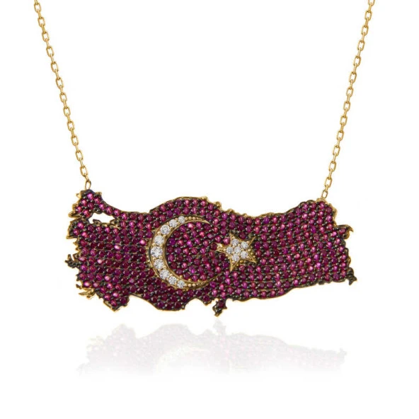 himarry 925 Ayar Gümüş Gold Ay Yıldız Türkiye Haritası Kadın Kolye - Resim 2