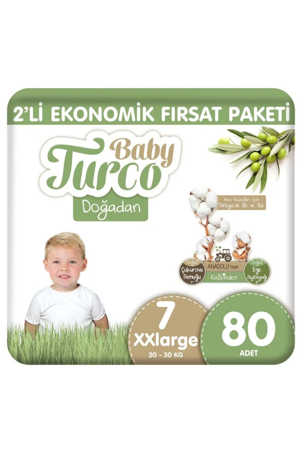 BABY TURCO Doğadan 2'Li Ekonomik Fırsat Paketi Bebek Bezi 7 Numara Xxlarge 80 Adet