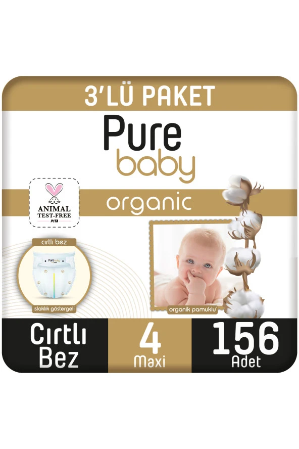 PURE BABY Organik Pamuklu Cırtlı Bez 3'Lü Paket 4 Numara Maxi 156 Adet