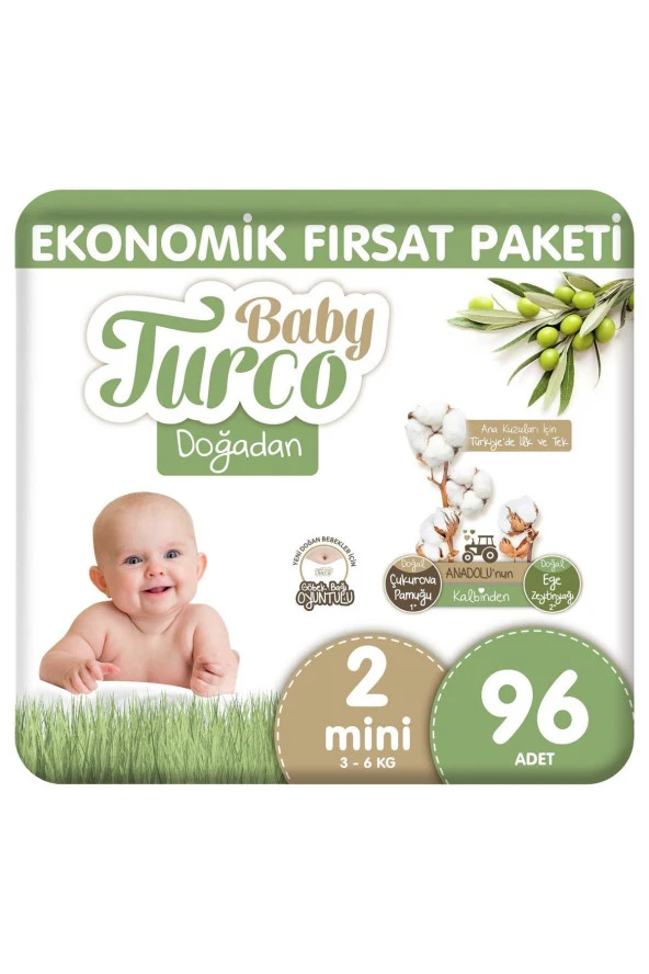 BABY TURCO Doğadan Ekonomik Fırsat Paketi Bebek Bezi 2 Numara Mini 96 Adet