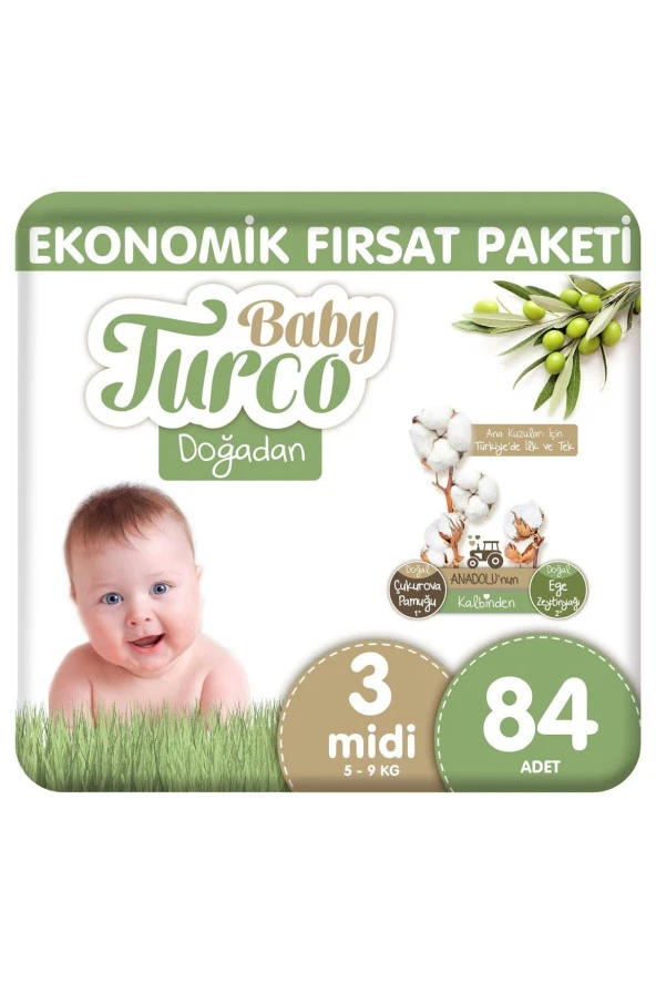 BABY TURCO Doğadan Ekonomik Fırsat Paketi Bebek Bezi 3 Numara Midi 84 Adet