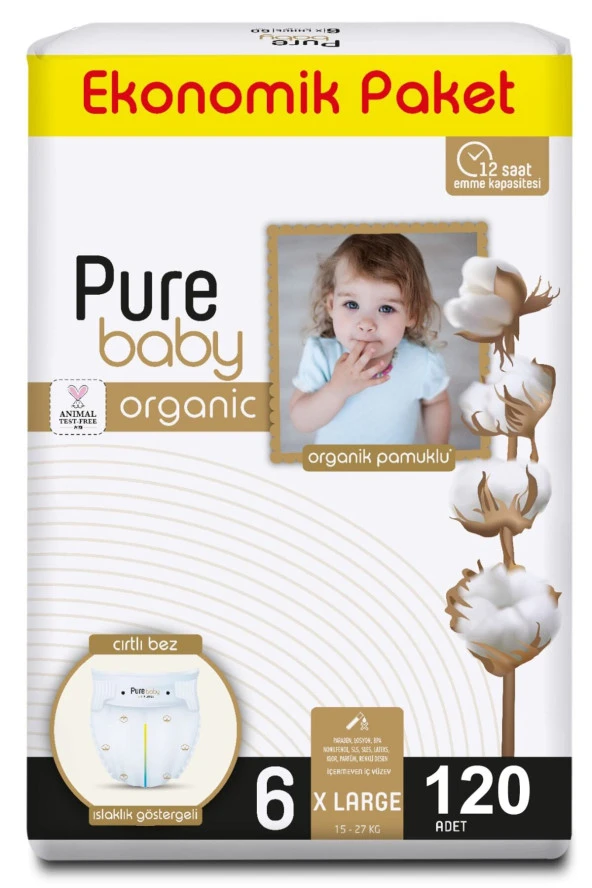 PURE BABY Organik Pamuklu Cırtlı Bez Ekonomik Paket 6 Numara Maxi 120 Adet