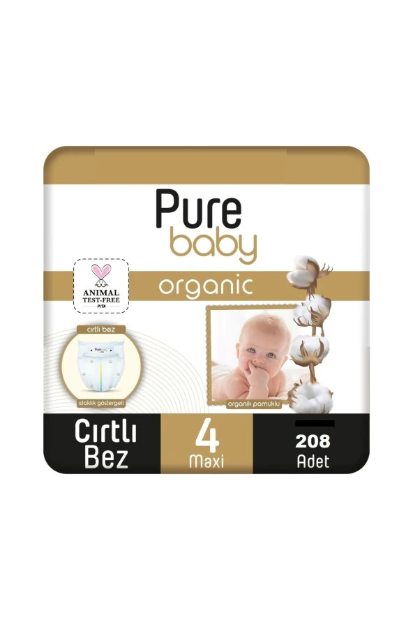 PURE BABY Organic Bebek Bezi 4 Numara Maxi 7-16 Kg 208 Adet