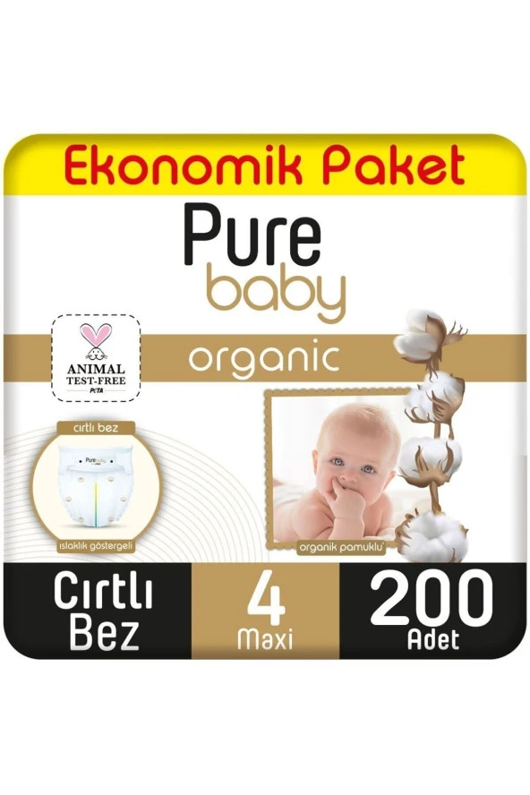 PURE BABY Organik Pamuklu Cırtlı Bez Ekonomik Paket 4 Numara Maxi 200 Adet