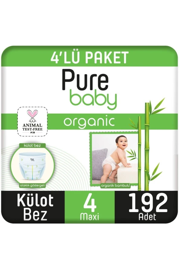 PURE BABY Organik Bambu Özlü Külot Bez 4'Lü Paket 4 Numara Maxi 192 Adet