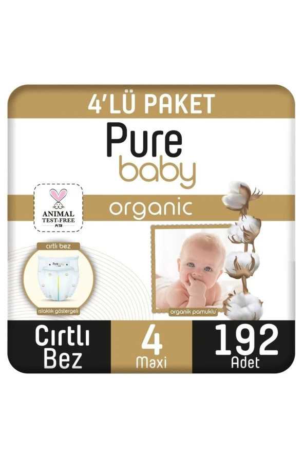 PURE BABY Organik Pamuklu Cırtlı Bebek Bezi Maxi 4 No 192li