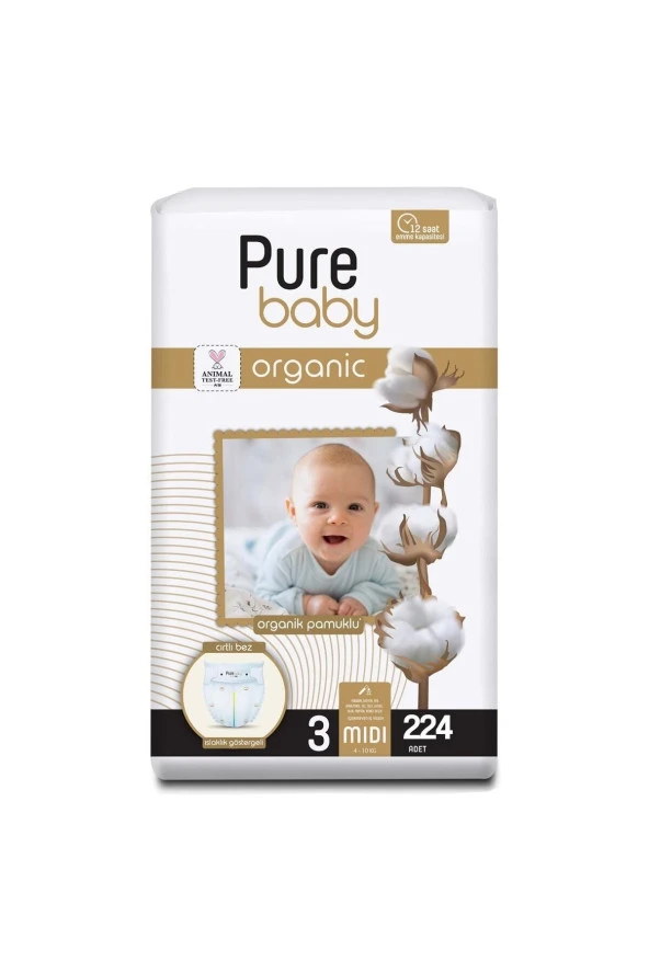 PURE BABY Organik Pamuklu Cırtlı Bez 4'lü Paket 3 Numara Midi 224 Adet