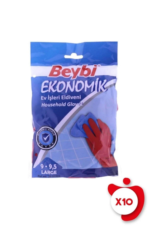 Beybi Ekonomik Ev Işleri Ve Bulaşık Eldiveni 9-9,5 Beden Kırmızı 10 Paket ürün görseli