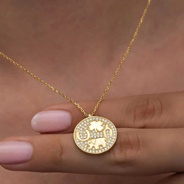 925 Ayar Gümüş Gold Fil Motifli Şans Kadın Kolye - Resim 5