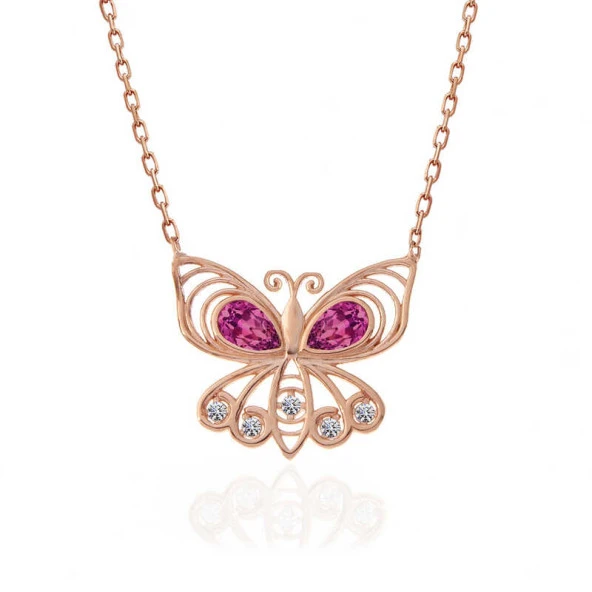 925 Ayar Gümüş Rose Kelebek Kadın Kolye - Resim 3