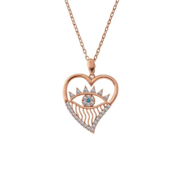 925 Ayar Gümüş Rose Kalp Göz Kadın Kolye - Resim 2