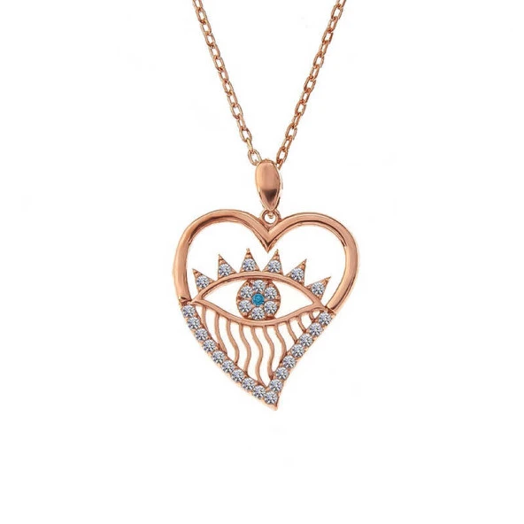 925 Ayar Gümüş Rose Kalp Göz Kadın Kolye - Resim 3