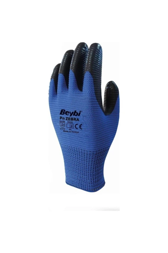 Beybi 12 Çift - Polyester Örme Nitril Inşaat Eldiveni - No:10 Mavi Eldiven Zebra Pn5 ürün görseli