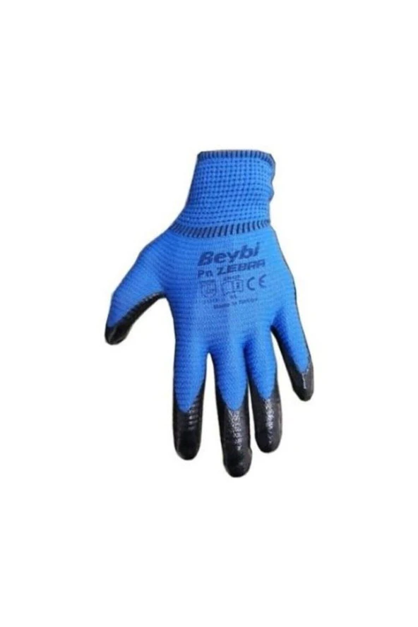 Beybi 12 Çift - Polyester Örme Nitril Inşaat Eldiveni - No:10 Mavi Eldiven Zebra Pn5 - Resim 2