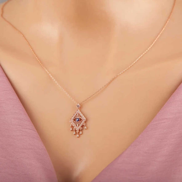 925 Ayar Gümüş Rose Nazarlı Göz Kolye ürün görseli 1