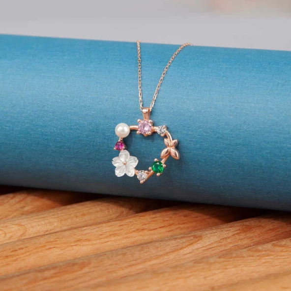 925 Ayar Gümüş Rose Kalp Manolya Çiçeği Kelebek Kadın Kolye ürün görseli 1