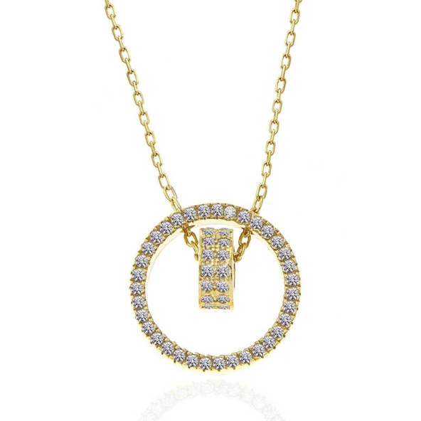 925 Ayar Gümüş Gold İç İçe Geçmiş Halka Kadın Kolye - Resim 3