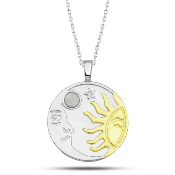 925 Ayar Gümüş Opal Beyaz Taşlı Ay Güneş Kadın Kolye