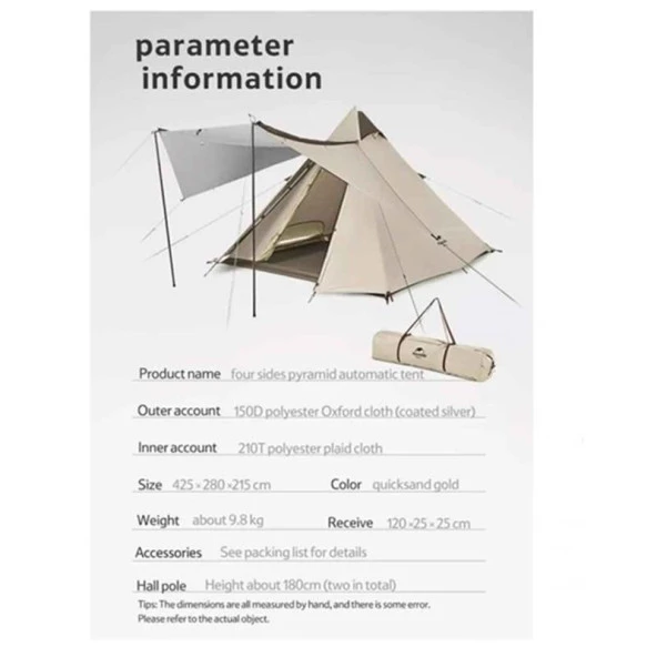 Naturehike Glamping 4 Kişilik Çift Katmanlı Otomatik Kurulum Piramid Çadır - 7