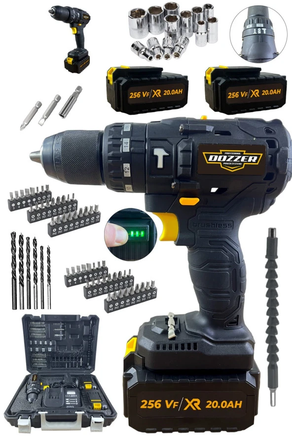 Dozzer Alman BATMAN Serii 256 Vf 20 Ah Darbeli 13 Mm Çelik Mandrenli 84 Pcs Akülü Vidalama Matkap