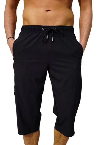 Siyah Diz Altı Uzun Model Su İtici Özellikli Likralı Esnek Kumaş Erkek Plaj Deniz Kapri Şort - 941-Siyah - Resim 2