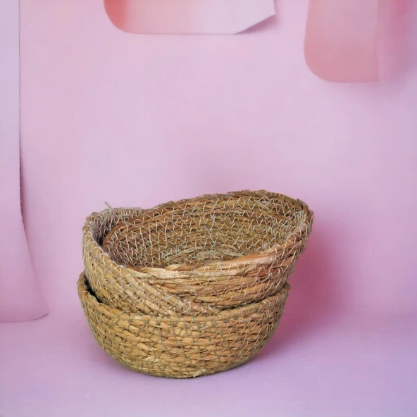 3 Adet Ahşap Çerezlik Hasır Çerezlik 13 cm Doğal Dekoratif Çerezlik Kap - 2