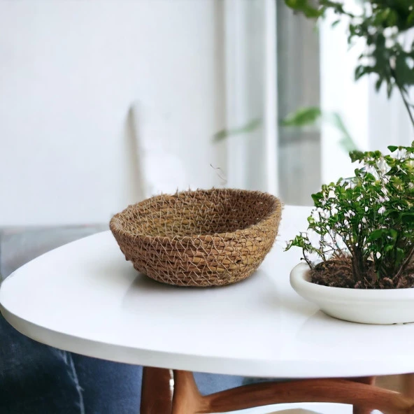 3 Adet Ahşap Çerezlik Hasır Çerezlik 13 cm Doğal Dekoratif Çerezlik Kap - 3