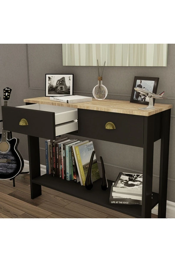 Ünüvar Konsept Meşe Tabla Siyah Retro Serisi Çift Çekmeceli Dresuar - 2