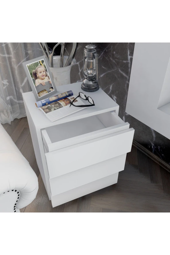 Ünüvar Konsept ÜNÜVAR KONSEPT Emre Üç Çekmeceli Modern Komodin Beyaz K1 - Resim 2