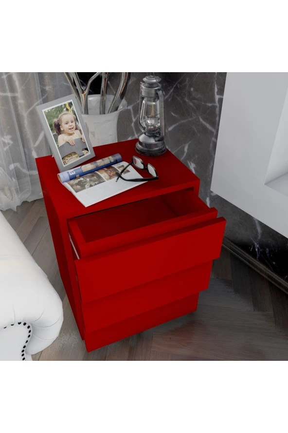 Ünüvar Konsept Emre Üç Çekmeceli Modern Komodin - Kırmızı - 2