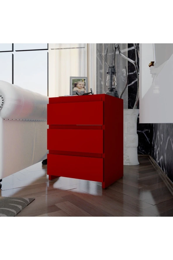 Ünüvar Konsept Emre Üç Çekmeceli Modern Komodin - Kırmızı - 3