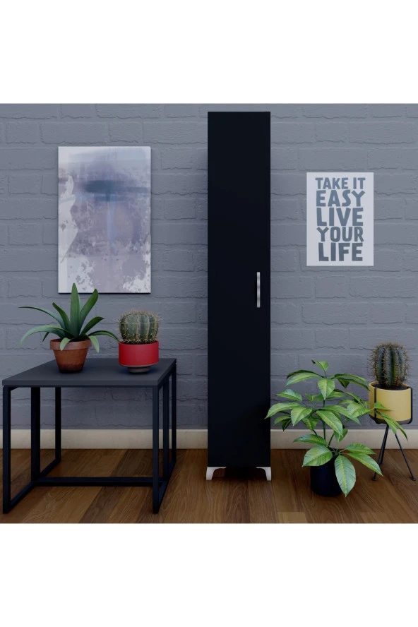 Rengarenk Tek Kapaklı 5 Raflı Banyo, Kiler, Mutfak, Çok Amaçlı Dolap - Siyah