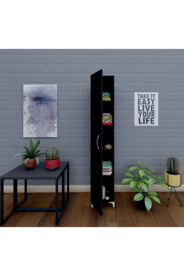 Rengarenk Tek Kapaklı 5 Raflı Banyo, Kiler, Mutfak, Çok Amaçlı Dolap - Siyah - 2