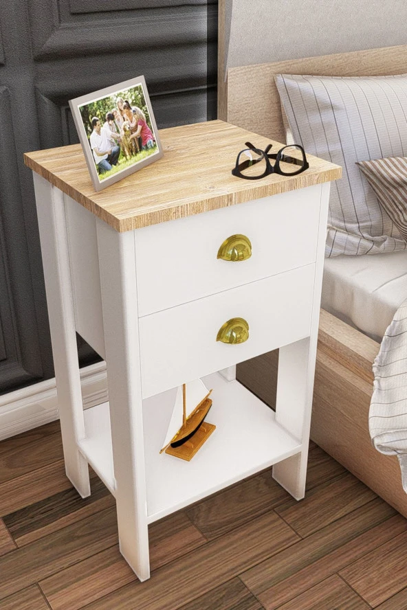 Ünüvar Konsept Meşe Tabla Beyaz Komodin Retro, Çift Çekmeceli