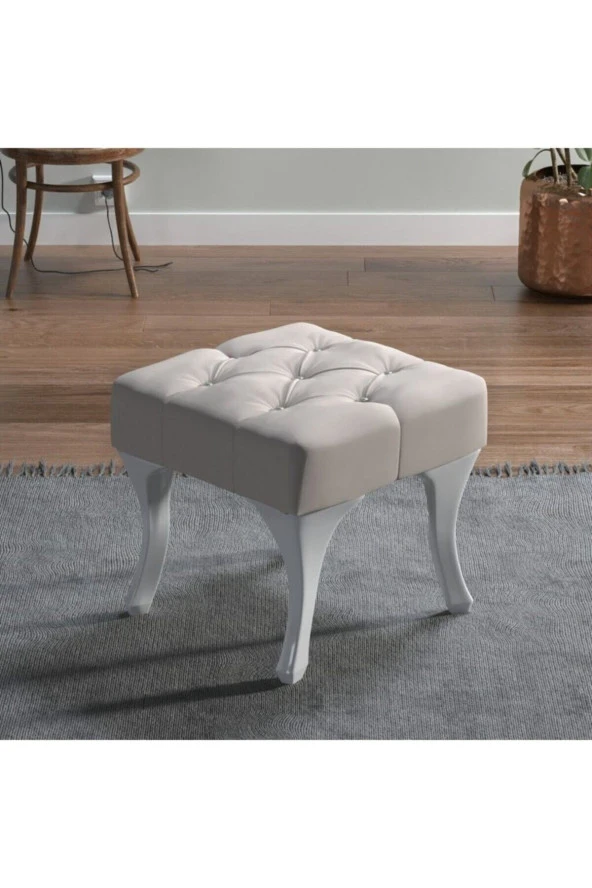 Ünüvar Konsept Vinda Kaptioneli Ayakucu Bench Puf 40 Cm Krem- Kumaş Düğmelik2