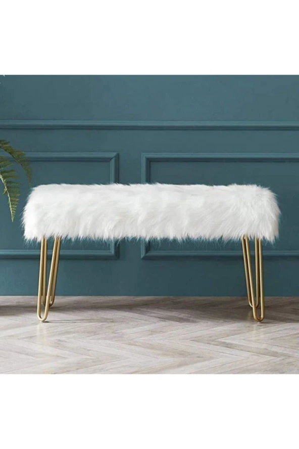 Ünüvar Konsept Sandalye Cafesi Metal Gold Ayaklı Beyaz Tüylü Peluş Puf Bench Gold394021K2