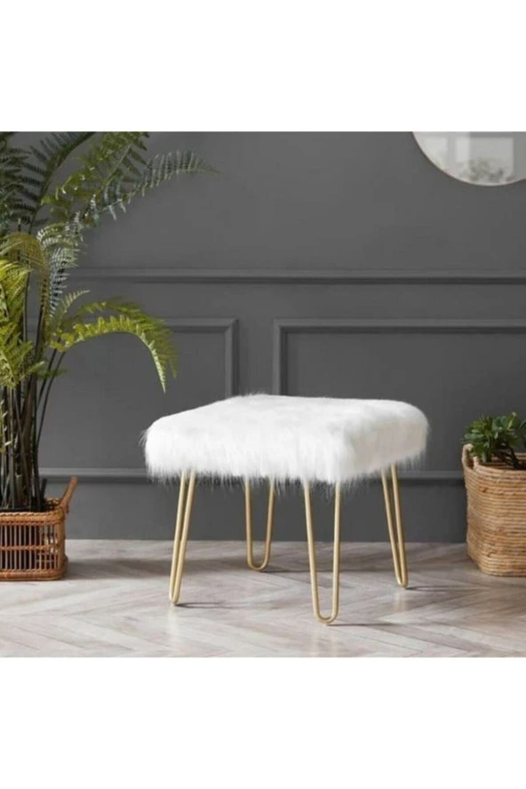 Ünüvar Konsept Sandalye Cafesi Metal Gold Ayaklı Beyaz Tüylü Peluş Puf Bench Gold234092K2