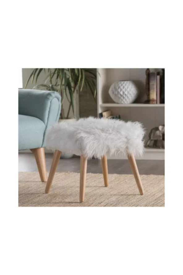 Ünüvar Konsept Peluş Ahşap Ayak Kare Puf - Beyaz