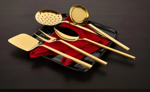 Özlife ela titanyum gold servis takımı seti 5 parça kevgir kaşık kepçe seti ürün görseli 1