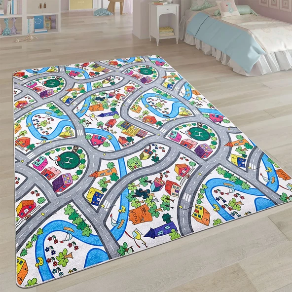 Çocuk Halısı ve Bebek Halısı Yıkanabilir Kaymaz Taban Yol Temalı Mavi Renkli Dijital Baskı Halı HC004 - 2